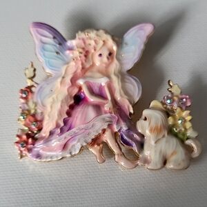 Cute Fairy With Dog Enamel Brooch